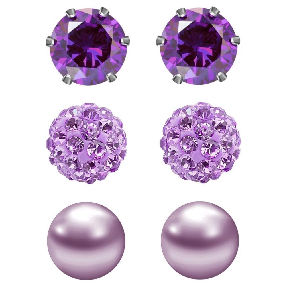 Purple Amethyst Cubic Zirconia and Pearl 316L Post Back Stud 3 Pair Earrings Set